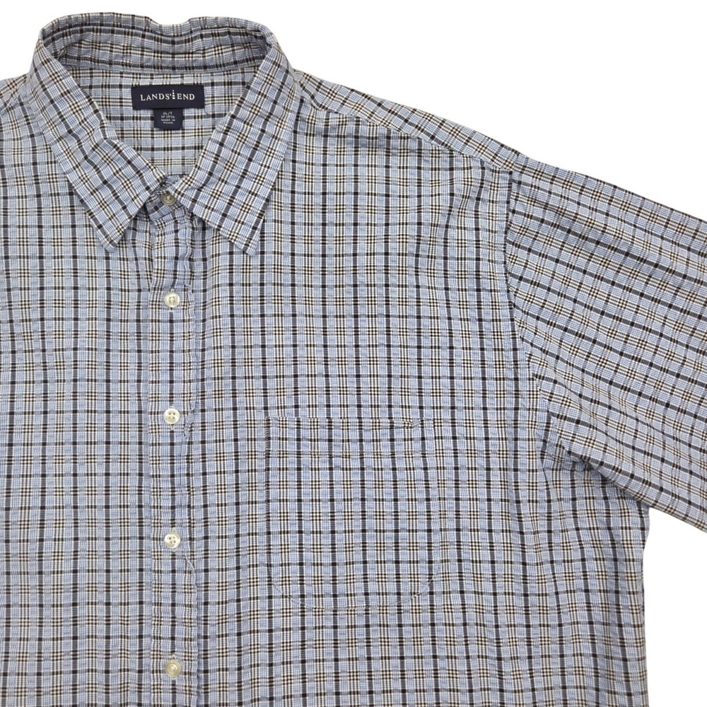 Lands End Seersucker Short Sleeve Button Up Shirt Blue Plaid Mens XL‎ 17-17 1/2